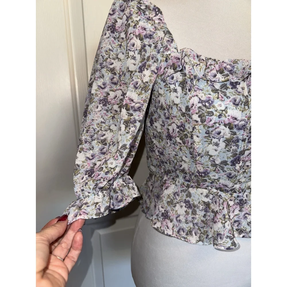 ASTR The Label Blue Ditsy Floral Corset Peplum Blouse Cottagecore Romantic Top S